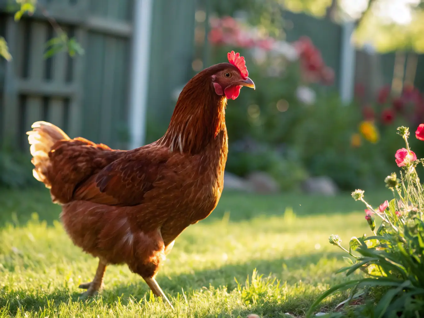 A close-up shot of a Rhode Island Red hen in a sunlit farmyard, showcasing its vibrant red plumage and healthy appearance, emphasizing its robust health and egg-laying capabilities.